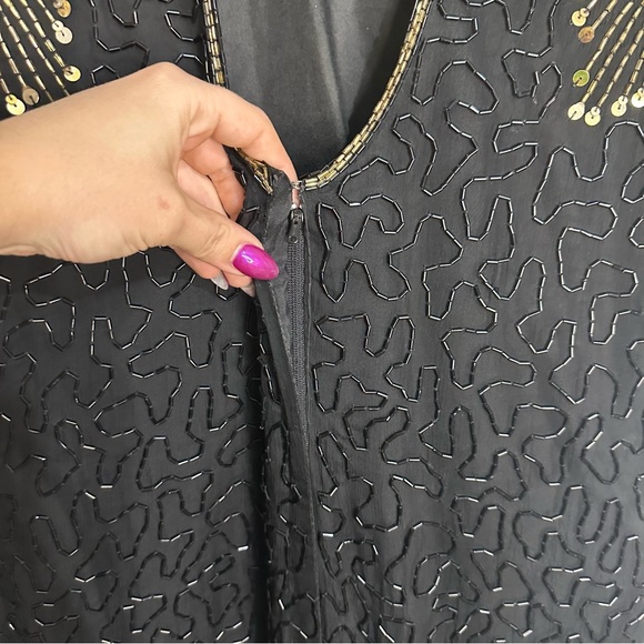 Vintage 100% Silk Sequin Beaded Gold Black 12p Midi Dress - Picture 5 of 12